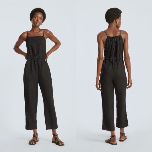 Everlane 100% Linen Shoestring Jumpsuit Black Women Small NWT Lagenlook Pockets - Picture 1 of 15